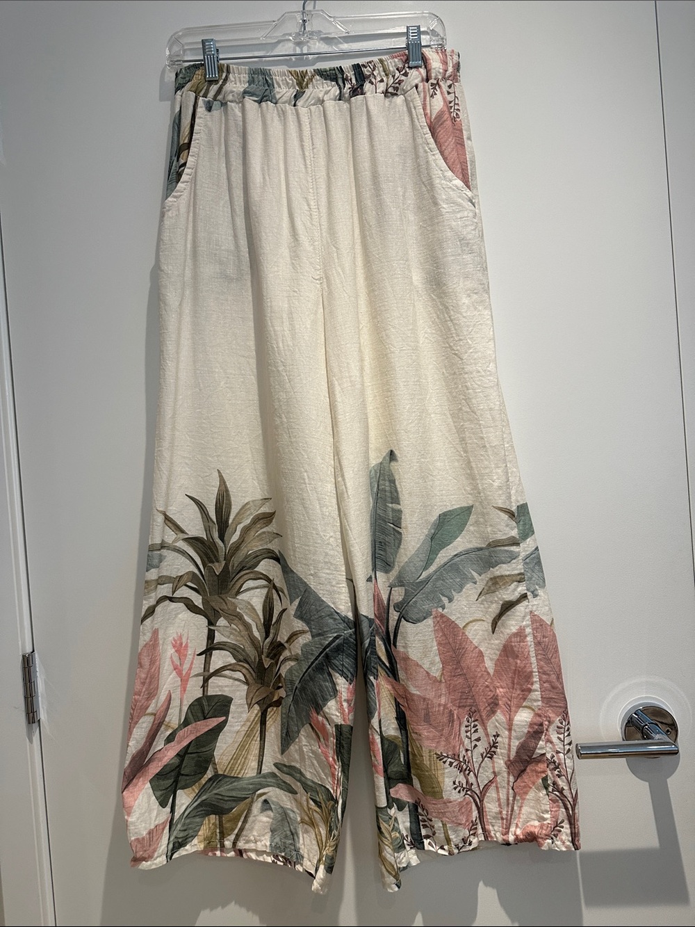 Tropical Print Wide-Leg Lounge Pants - Cream with Green & Pink (M-L) - Picture 2 of 10